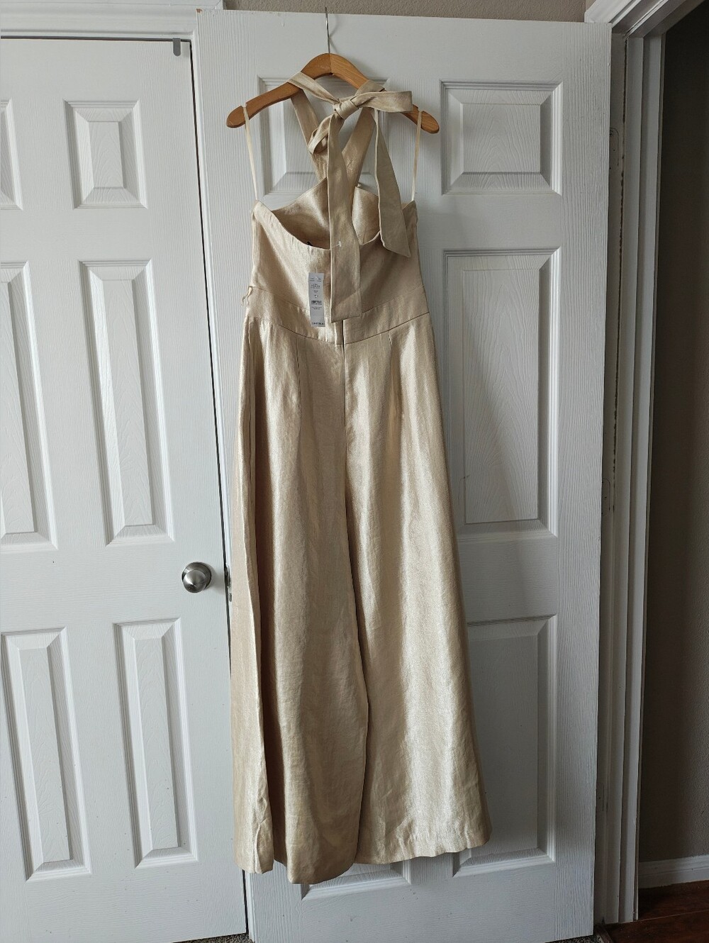 White House Black Market Champagne Halter-Belted Wide-Leg Jumpsuit - Picture 4 of 5